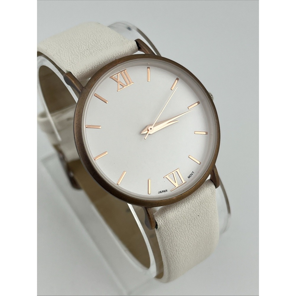 QRTZ Watch Women 36mm Brone Case White Faux Leather Band- New Battery